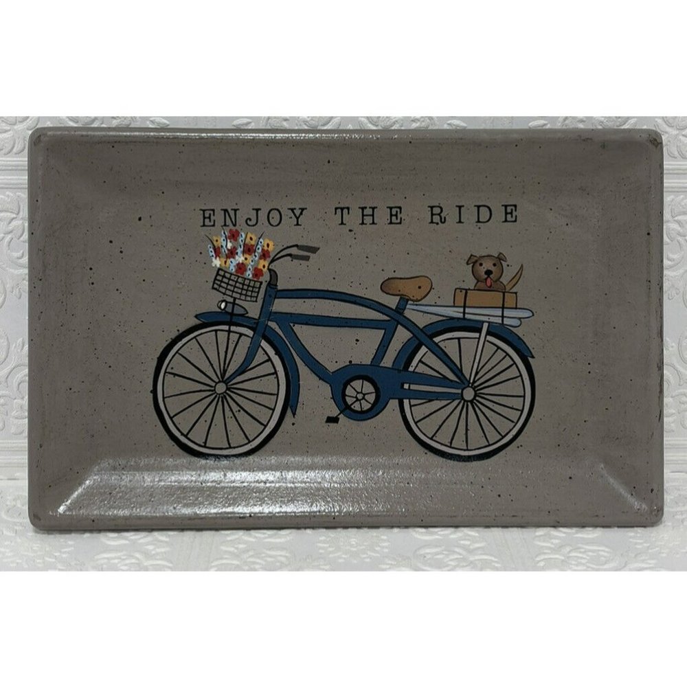 Vintage Donna White Bicycle ‘enjoy the ride’ coin and key wooden tray, rustic